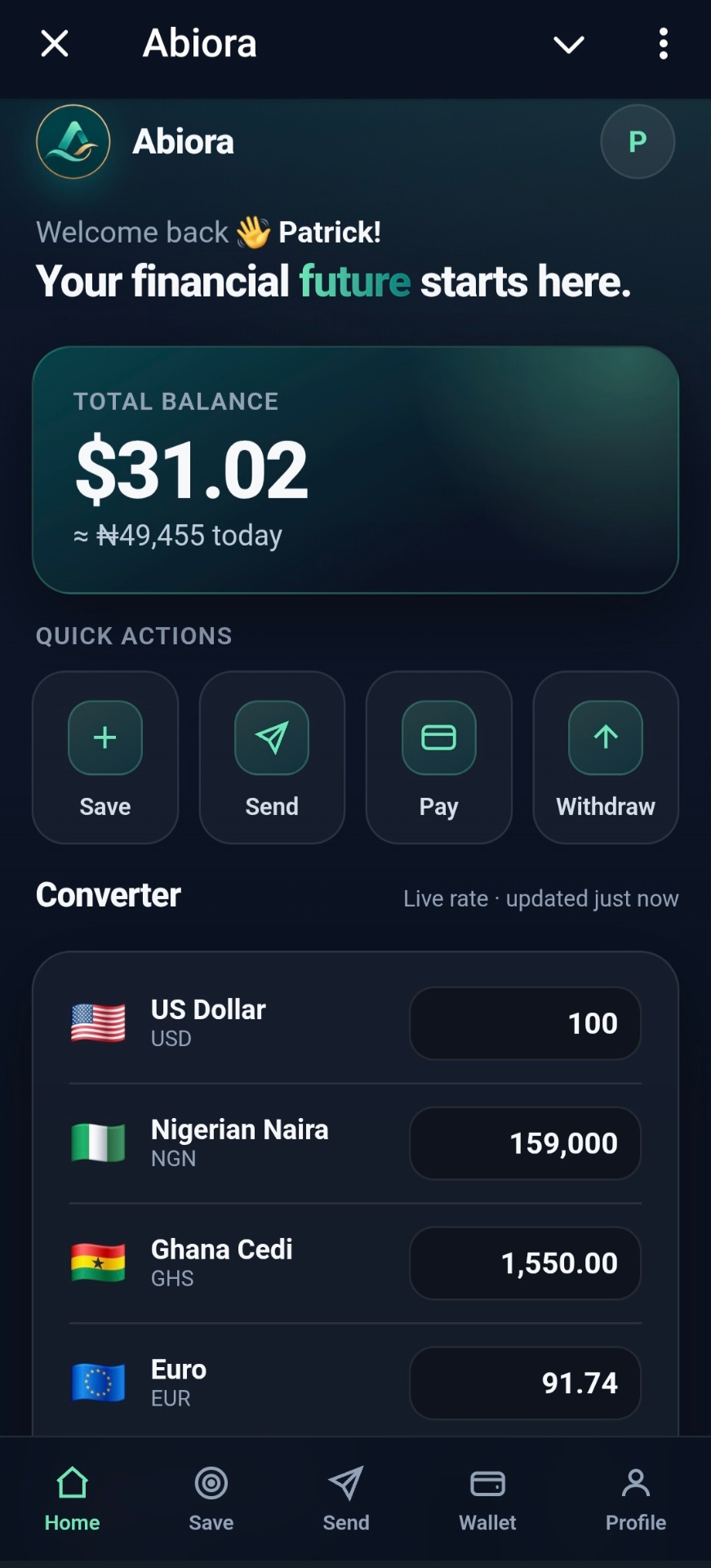 Abiora Mini App dashboard